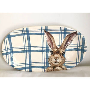 Pier 1 Easter Oblong 12" Ironstone Oval Platter Blue Plaid Check Henry Bunny